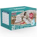 20 Pack Vacuum Storage Bags, Vacuum Seal Bags for Clothing, Comforters, Blankets, Space Saver Vacuum Storage Bags with Hand Pump. (4×Jumbo, 4×Large, 4×Medium, 4×Small, 4×Roll)