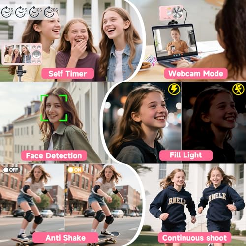 Câmera digital, foco automático 4K 64 MP apontar e fotografar câmeras digitais para adolescentes com cartão de 64 GB, câmera de vídeo compacta antivibração com zoom 18X para estudantes, crianças, - Imagem 4