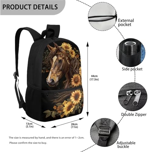 Brown Horse Backpack for School Girls 7Th Grade Sunflower Rucksack Preschool Elementary Middle Bookbag Lightweight Children's School Bag Back to School 3 in1 Set3