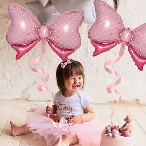 Image of 36 Inch Pink Bow Foil Balloon - Large Polka Dot Bow Balloon for Girls Birthday, Coquette Party, Baby Shower, Gender Reveal Decorations