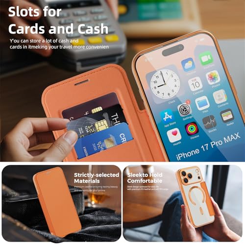 IMEIKONST Magnetische Hülle für iPhone 17 Pro Kompatibel mit MagSafe, Premium PU Leder Flip Kartenhalter Clear Stoßfest Schutzhülle Handyhülle für iPhone 17 Pro. Orange JDCX
