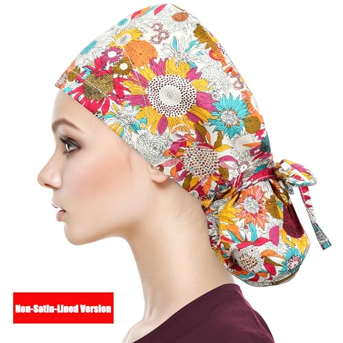 Image of QBA Adjustable Working Cap with Button, Satin-Lined Hat, Cotton Working Hat Sweatband, Elastic Tie Back Hats Unisex