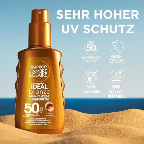Garnier UV-Sonnenschutzspray für eine strahlende Bräune, Sehr hoher Sonnenschutz mit LSF 50, Wasserfest, Ambre Solaire Ideal Bronze Milk-in-Spray, 1 x 150 ml 3