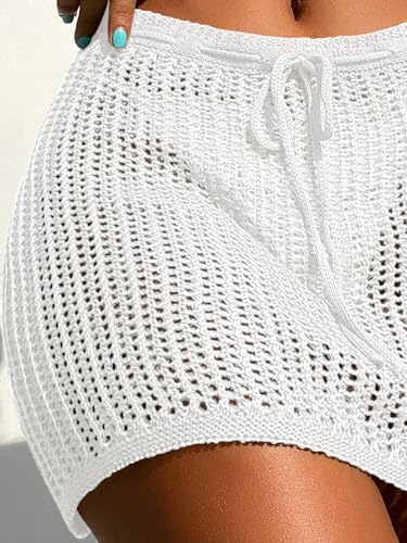 Womens Crochet Cover Up Shorts Hollow Out High Waist Tie Front Knit Swimsuit Beach Skirt Coverups3