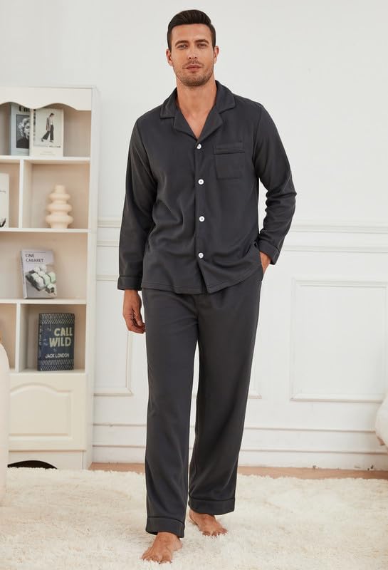 U2SKIIN Mens Button Down Pajamas Set Soft Classic Lapel Sleepwear Long Sleeve Flannel Top & Pants Set - Image 2