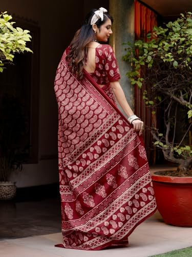Image of SIRIL Women's Printed Mul Cotton Saree with Unstitched Blouse Piece