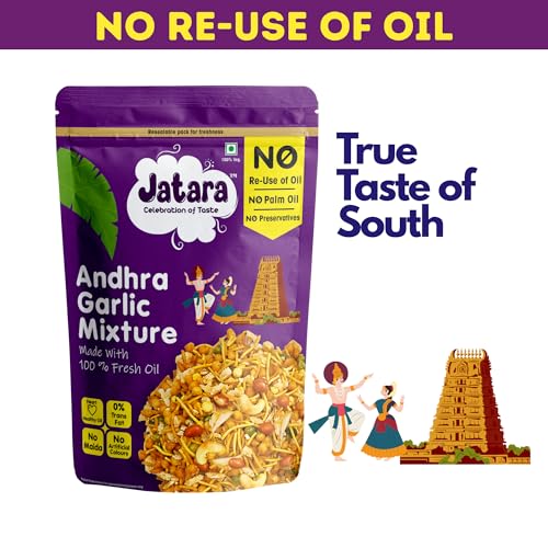 Image of Jatara Andhra Garlic Mixture, Authentic Andhra Style Spicy Namkeen Snack, Crunchy and Flavorful, 210g