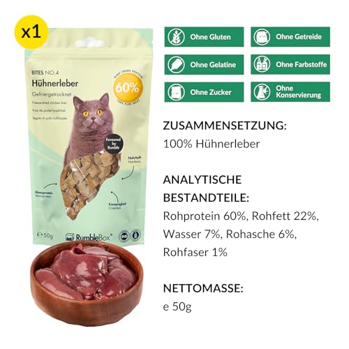 RumbleBox 100 % Hühnerleber Gefriergetrocknet – Monoprotein Katzensnack ohne Getreide & Zucker, Appetitanreger für Allergiker & wählerische Katzen (50 g)