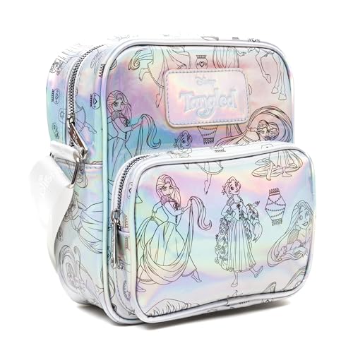 Disney Vegan Leather Crossbody Backpack with Adjustable Strap, Tangled Rapunzel Poses Iridescent Holographic2