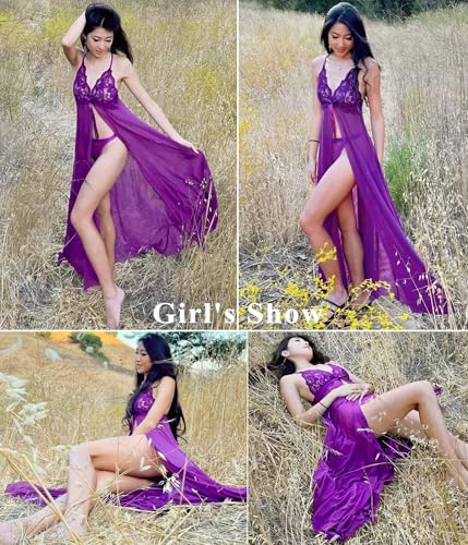 Image of SSoShHub Women Lingerie Lace Babydoll Dress Open Front Sleepwear Long Sheer Nightgowns V Neck Nightwear for Wife, Women Wedding Valentine Special Night Occasion Festival