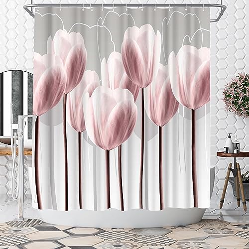 WELMECO Pink and Gray Shower Curtain Tulip Flower Bath