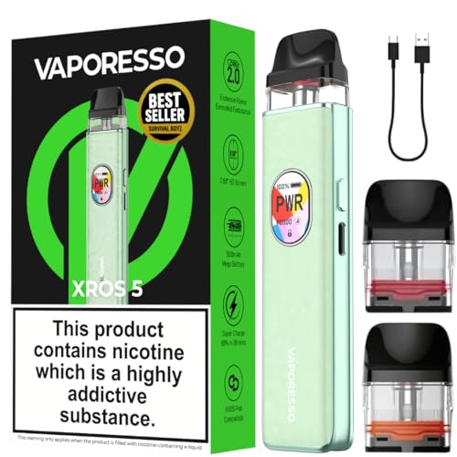 Vaporesso XROS 5 Vape Kit [Jade Green] – 1500mAh Mega Battery, Fast Charge in 20 Min, Anti-Leak Tech, 0.88" Display – Includes 2 Pods (0.6Ω + 0.8Ω) – 14 Available Colours – No Nicotine