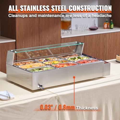 VEVOR kommerzieller Speisenwärmer mit 9 Behältern (je 5 Qt / 1/3 Größe), elektrischer Dampftisch mit Glasabdeckung, 1500 W Arbeitsplatte aus Edelstahl, Buffet-Bain-Marie, 30–85 °C Temperaturregelung – Bild 6