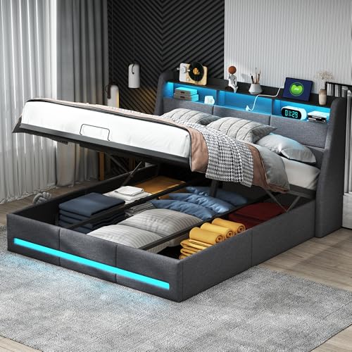 BPKADHY Cama tapizada de 140 x 190 cm, cama doble LED con espacio de almacenamiento y somier, cabecero con compartimento de almacenamiento y función de carga USB, cama de almacenamiento hidráulica