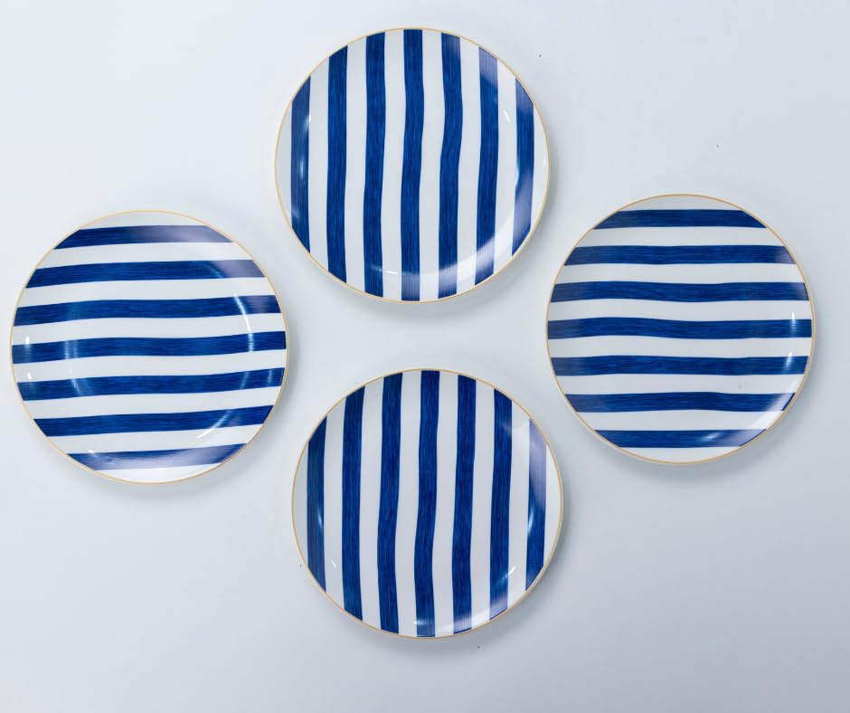 GOLDEN QUEEN'S bone china Snack Plates Set - Pack of 4|for Small Bites,Desserts,Appetizers,Salads,Tapas,Cheese Boards|7 inches Wide|Microwave Safe - Heirtage Bird in Green - Blue Candy Stripes