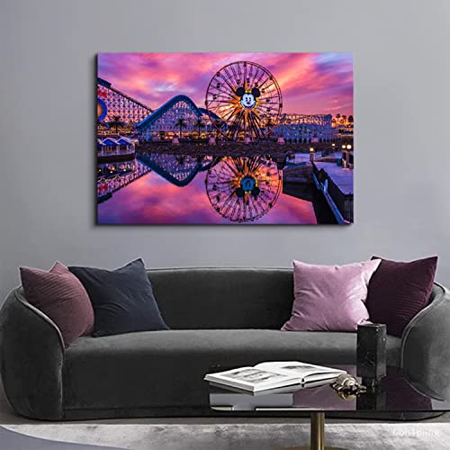 Image of Disney Ferris Wheel Canvas Wall Art Sunset Disneyland Skyline Wall Decor 32x48 inch, Large Mickey Castle Park Landscape Panoramic Pictures Paintings Artwork for Living Room Bedroom Office Home Decoration