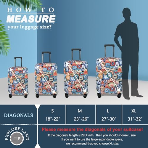 Image of Explore Land Luggage Cover Suitcase Protector, Landmark Sticker, Fits 27-30 Inch Luggage, Elastic Fit