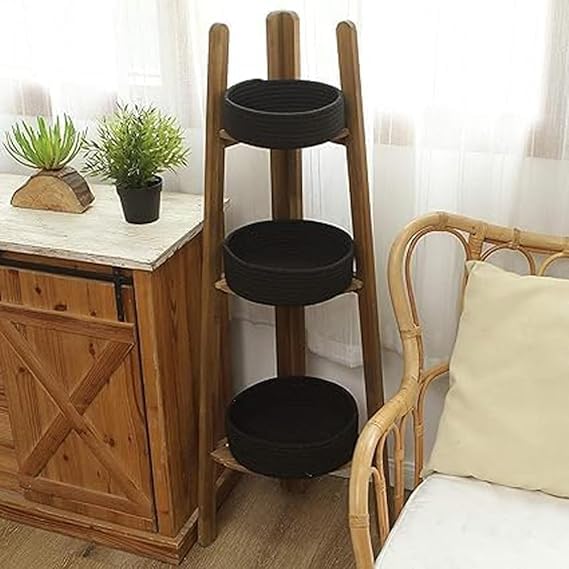 Image of Handmade Jute Cotton Storage Baskets Set of 3 for Dining Table, Fruit Basket & Roti Bowl, Cane Style Organizer for Kitchen, Home Decor, Washable Multipurpose (Black)