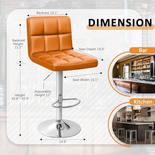 Image of Homall Bar Stools Modern PU Leather Adjustable Swivel Barstools, Armless Hydraulic Kitchen Counter Bar Stool Extra Height Square Island Barstool with Back Set of 2 (Leather, Orange)