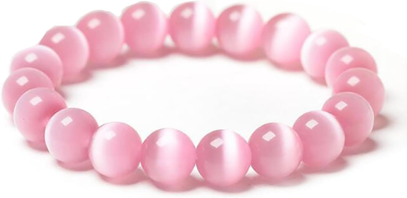 Suoirblss Cat's Eye Stone Bracelet Crystal Gemstone Beaded Stretch Bracelet Round Beads Beaded Yoga Bracelets for Womens Mens (Pink, Diameter 12mm)