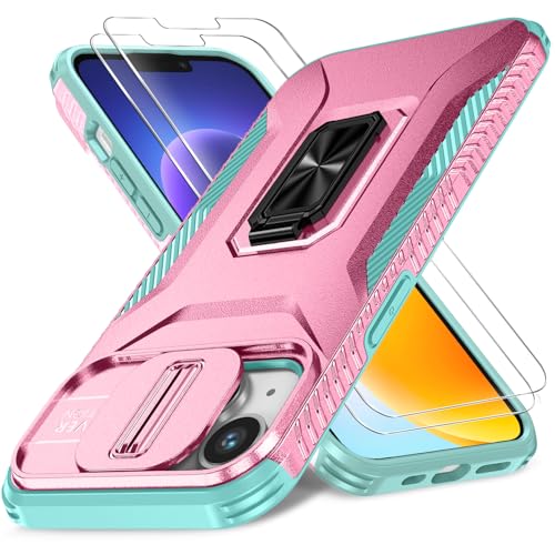 Image of HakkTaoo Case for iPhone 13/iPhone 14 6.1-Inch Slide Camera Cover+Screen Protector(2 Packs), Military Grade Shockproof Protective Cover, Rotated Ring Kickstand with Camera Protection (Pink+Celadon)