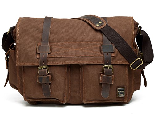Berchirly Bolsa carteiro masculina vintage militar de lona para laptop de 13,3 a 17 polegadas, Café, L-14.7'