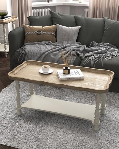VONLUCE French Country Farmhouse Coffee Table40 Farmhouse Rustic Unfinished Wood Tray Top Vintage Coffee Table for Living Room Dining Room Bedroom Beige