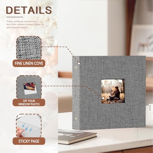 Artmag Photo Album Self Adhesive Scrapbook Album for 3x5 4x6 5x7 8x10 Pictures,40 Pages Linen Cover with Display Window DIY Photo Book Album with A Metallic Pen and Scraper (Grey) by Artmag - Image 2