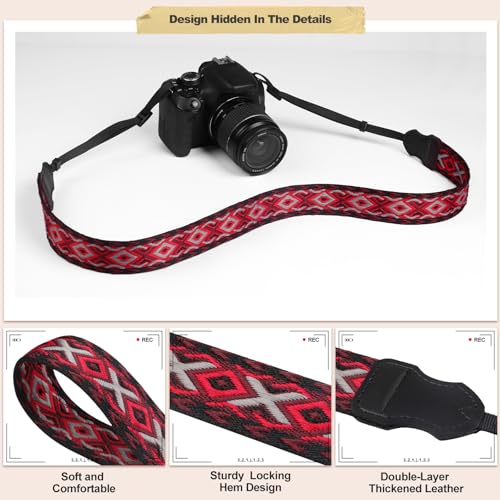 Image of Universal Camera Strap - Camera Neck Strap, Adjustable Shoulder Straps Compatible with Canon, Fujifilm, Nikon, Olympus, Panasonic and other SLR and mirrorless cameras - Red White Grey Rhombus