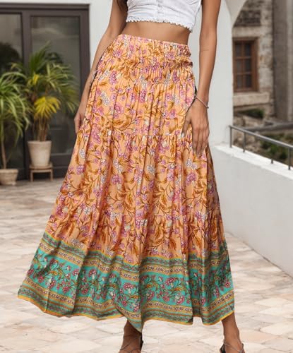 Women's Floral Print Boho Maxi Skirts Bohemian High Waist Smocked Ruffle Tiered A Line Flowy Long Skirts2