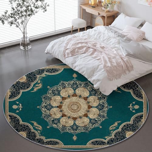 Genérico 90 cm Alfombras Redondas para Sala de Estar, Exquisito Retro Anticuado Flores Estampada Alfombra Redonda Lavable Turquesa - Pelo Corto Suave Franela Alfombras para Dormitorio Comedor