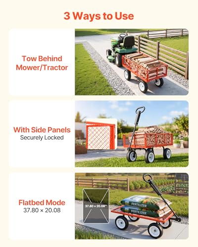 Image of VEVOR 900 LBS Steel Garden Cart, 2 in 1 Handle, Heavy Duty Pullable Garden Wagon with 10 inch Flat-Free Tires, Outdoor Utility Yard Wagon Cart with Detachable Side Panels, Attach to ATV or Tractor, Red