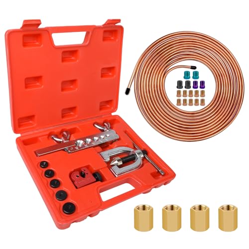 MuRealy 1/4' Brake Line Repair Kit - 25 Feet Copper Coated & Rust-Proof Brake Tubing Roll + Professional Flaring Tool with 16 Fittings & 4 Unions for Car, Truck, SUV Hydraulic Brakes