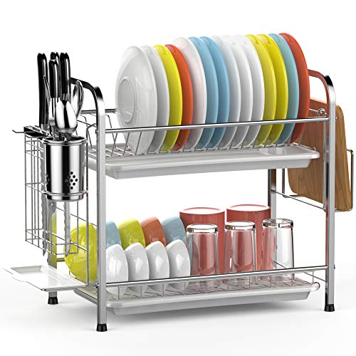 Dish Drying Rack, GSlife 2 Tier 304 Stainless Steel Dish Rack with Utensil