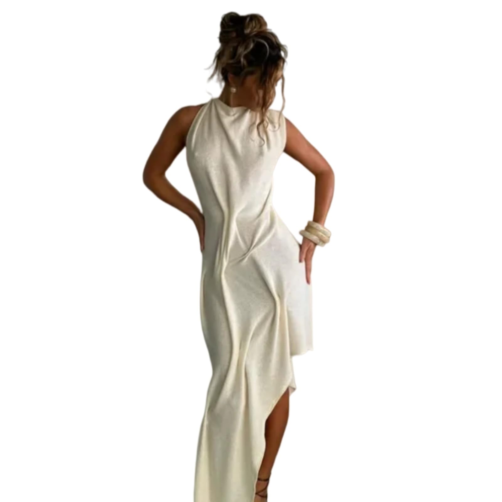 Vestito Elegante Donna Romantico Morbido Halter Maxi Abito Ruched Asimmetrico da Festa per Le Vacanze Anniversario Cena Sera-03-m