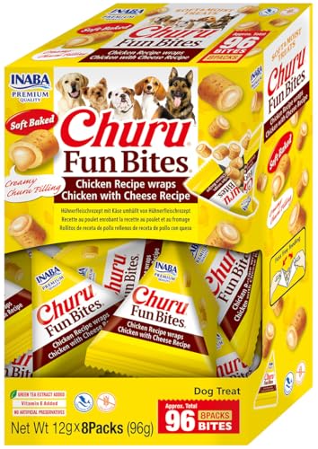 INABA Churu Fun Bites Snack per Cani, Bocconcini di Pollo e Formaggio - 8 Pack x 12gr - Premietti per Cane Morbidi e Deliziosi - Cibo per Cani Senza Conservanti o Coloranti Artificiali, Grain-Free