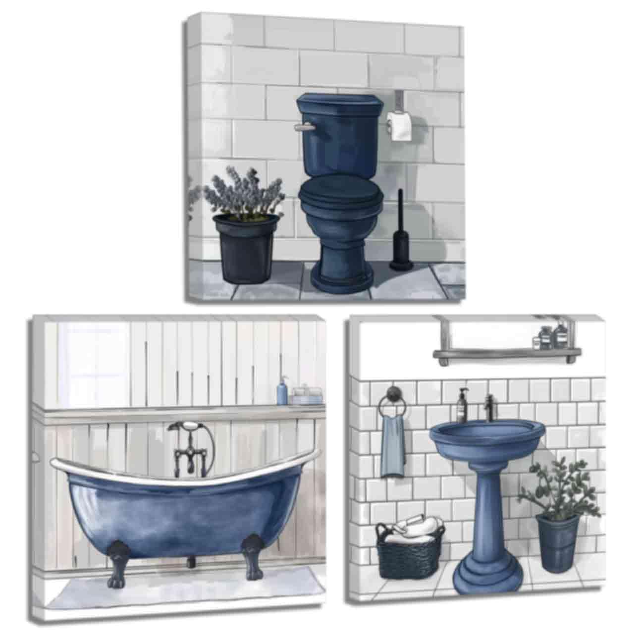 ZQQART Bathroom Canvas Prints Tub Wall Art Set of 3 Bath Tub Picture Toilet Painting Funny Bathroom Art Wall Decor (Blue,40x40cmx3)