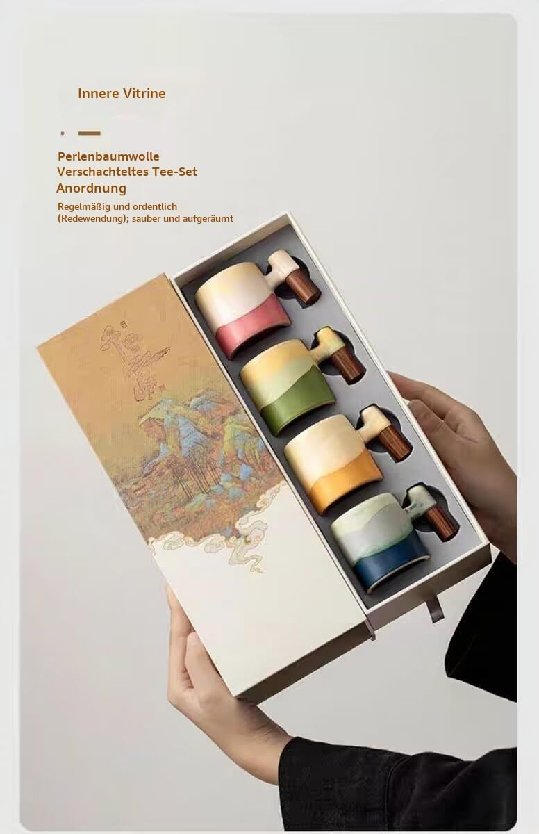 Espressotassen Keramik 82ml 4er-Set gerader Griff | Holzgriff, Farbverlauf, Demitasse, Geschenk-Box-Verpackung