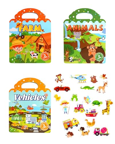 Fokroin Libro de pegatinas reutilizables para niños, 3 artículos, Animales, granjas, vehículos Tema, 3D Libro de Pegatinas Infantiles, para niños de 2 a 4, regalo de cumpleaños