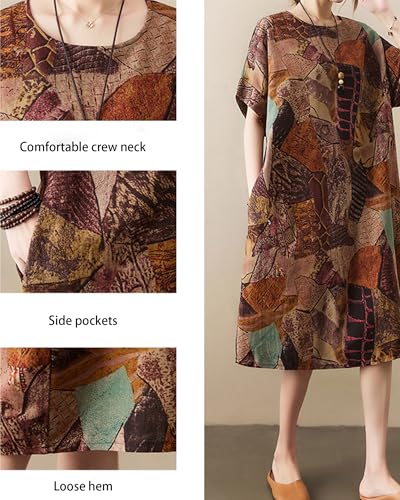 Image of LUZU JUNU Women's Summer Baggy Plus Size Loose Cotton Linen Long Boho Beach Dress with Pockets