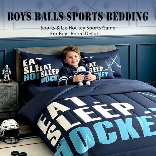 Image of Feelyou Ice Hockey Comforter Set 7 Piece Twin Size Kids Hockey Sports Game Boys Bed in A Bag Girls Ice Hockey Lover Bedding Set Hockey Decor Bed in a Bag with Sheets, Pillowcases, Pillow Covers