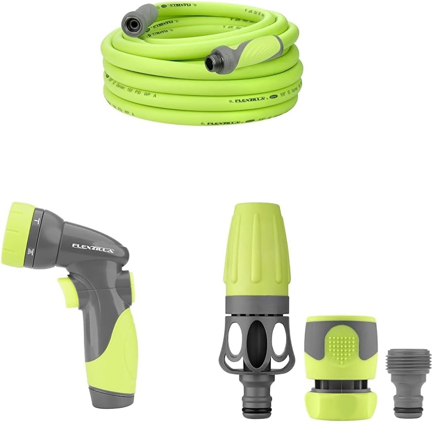 Flexzilla Garden Hose with SwivelGrip, 5/8 in. x 50 ft., Heavy Duty, Lightweight, Drinking Water Safe, ZillaGreen & 6-Pattern Adjustable Garden Hose Nozzle & Garden Hose Nozzle Kit, 3-Piece