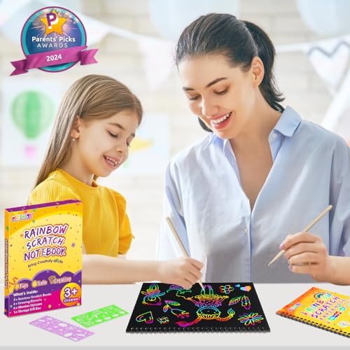 pigipigi gifts for 3-12 year old girls boys - 3 pack rainbow scratch off notebooks arts crafts supplies set color drawing paper kit for kids birthday game party favor christmas easter activity toy