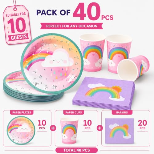 Image of Rozi Decoration Rainbow Party Set - 40 Pcs Plates Cups Napkins Supplies