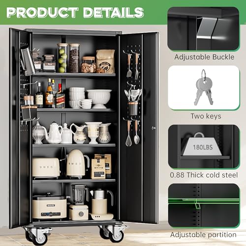 Image of INTERGREAT Rolling Metal Cabinet with Wheels, 72 inch Locking Storage Cabinet with Adjustable Shelves, Large Capacity Pulley Cabinets for Home Office, School, Warehouse(Black)