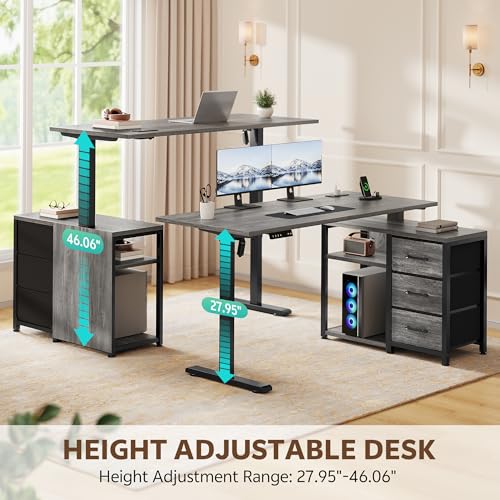Image of 47 Inch L Shaped Desk with 3 Drawers Electric Standing Desks with Storage Computer Table Adjustable Height with Power Outlets 4 Memory Presets for Home Office, Grey