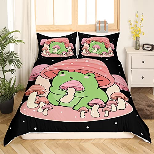 Loussiesd Cartoon Mushroom Frog Bedding Set Cute Frog Duvet Cover for Kids Boys Girls Natural Wild Fungus Comforter Cover Pink Mushroom Quilt Cover Single Size - Image 3
