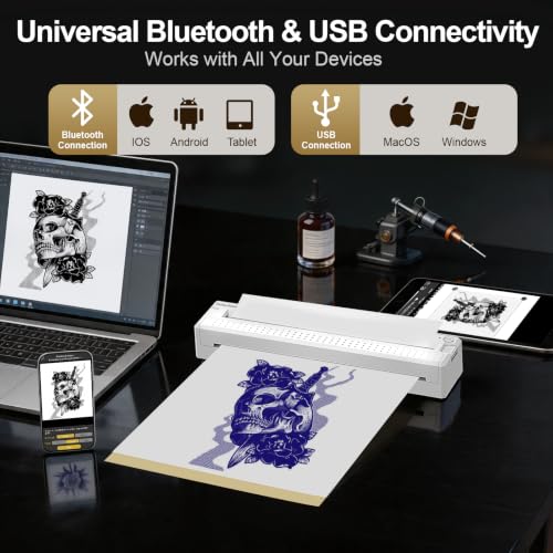 Image of Thermal Tattoo Stencil Printer Machine Bluetooth Portable Wireless | 2-IN-1 Tattoo Transfer Printer for Stencils & Paperwork, Rechargeable Bluetooth Design for Tattoo Artists & Beginners