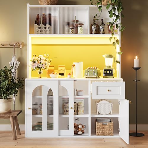 Idemon Armarios de cocina, armarios altos, vitrinas, aparadores con estantes ajustables, armarios de comedor, aparadores con iluminación (blanco)