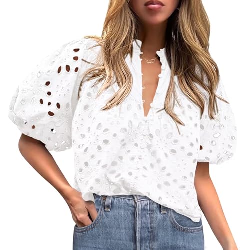 Melwod Blusas de verano para mujer, manga farol, cuello en V, con encaje bordado, Blanco, S